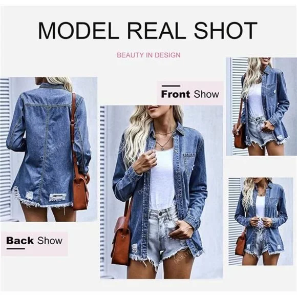 WOMEN'S Oversized Denim Jacket Casual Long A1 Blue